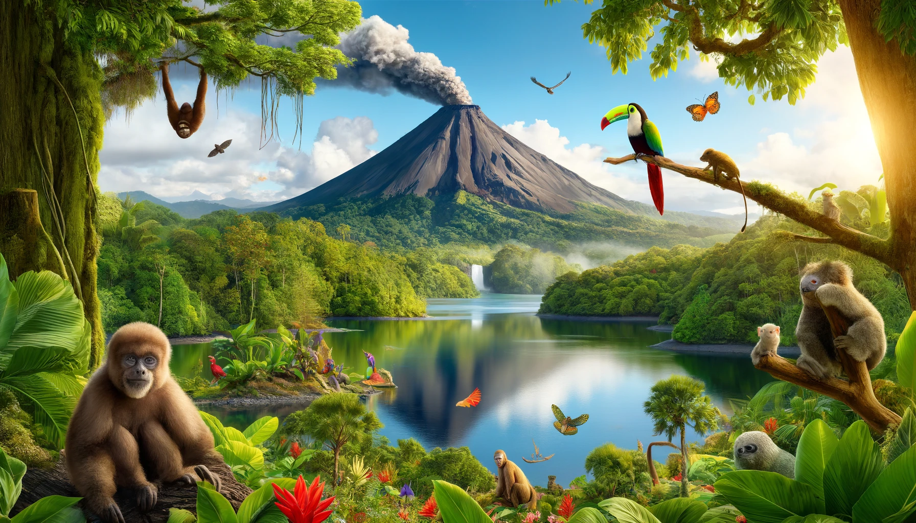 DALL·E 2024-06-02 14.16.18 - A breathtaking view of Arenal Volcano in Costa Rica, featuring vibrant wildlife. The volcano's conical shape is prominent with a plume of smoke rising