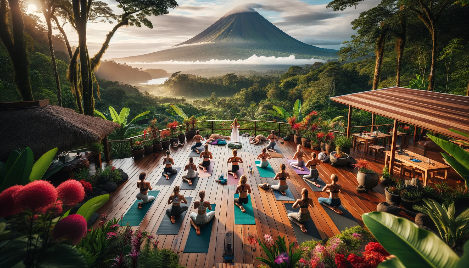 DALL·E 2024-06-02 14.23.43 - A serene yoga session in La Fortuna, Costa Rica. The scene features a group of people practicing yoga on a wooden deck with a stunning view of the Are