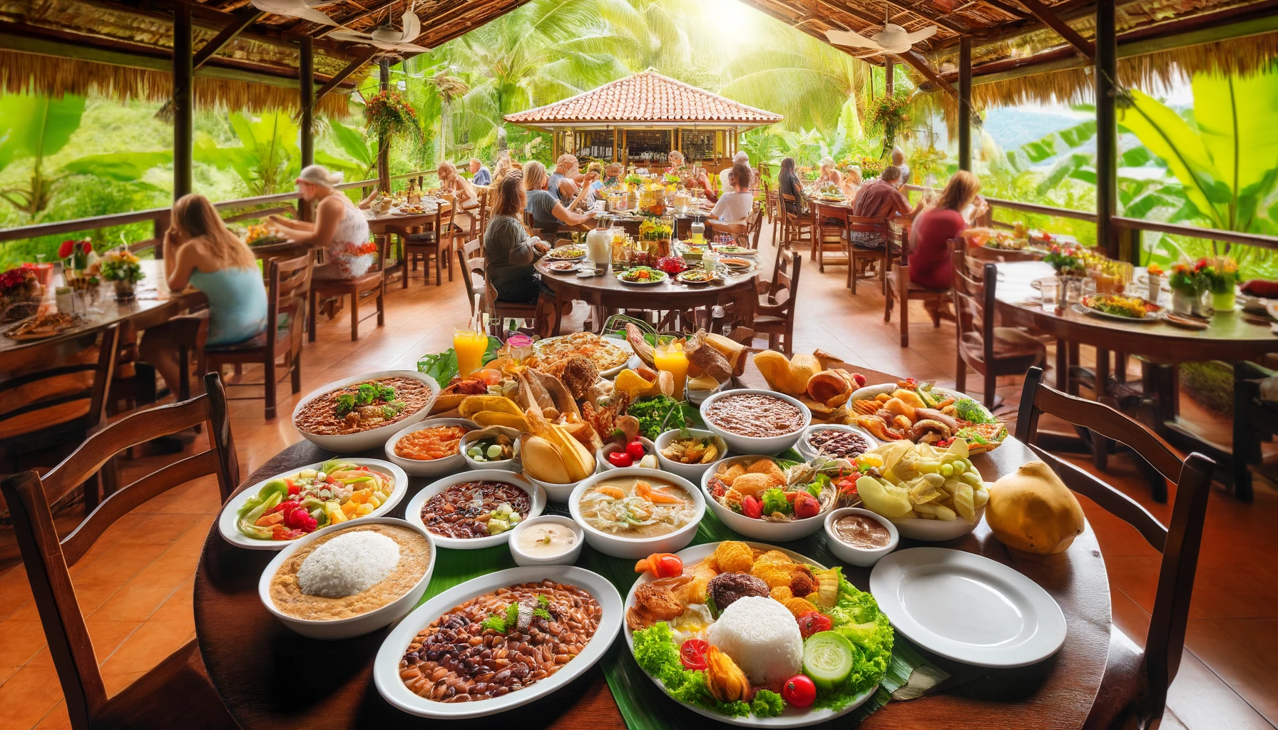 DALL·E 2024-06-02 14.29.20 - A vibrant dining scene in La Fortuna, Costa Rica, featuring the country's national food. The table is set with an array of traditional Costa Rican cui