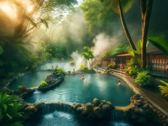 DALL·E 2024-06-02 14.44.53 - A serene scene of the hot springs in La Fortuna, Costa Rica. The image features natural hot spring pools surrounded by lush tropical plants and trees