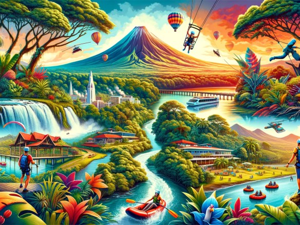 DALL·E 2024-06-02 14.48.18 - A vibrant scene showcasing La Fortuna, Costa Rica, as the adventure capital. The image includes the iconic Arenal Volcano, lush rainforests, and natur