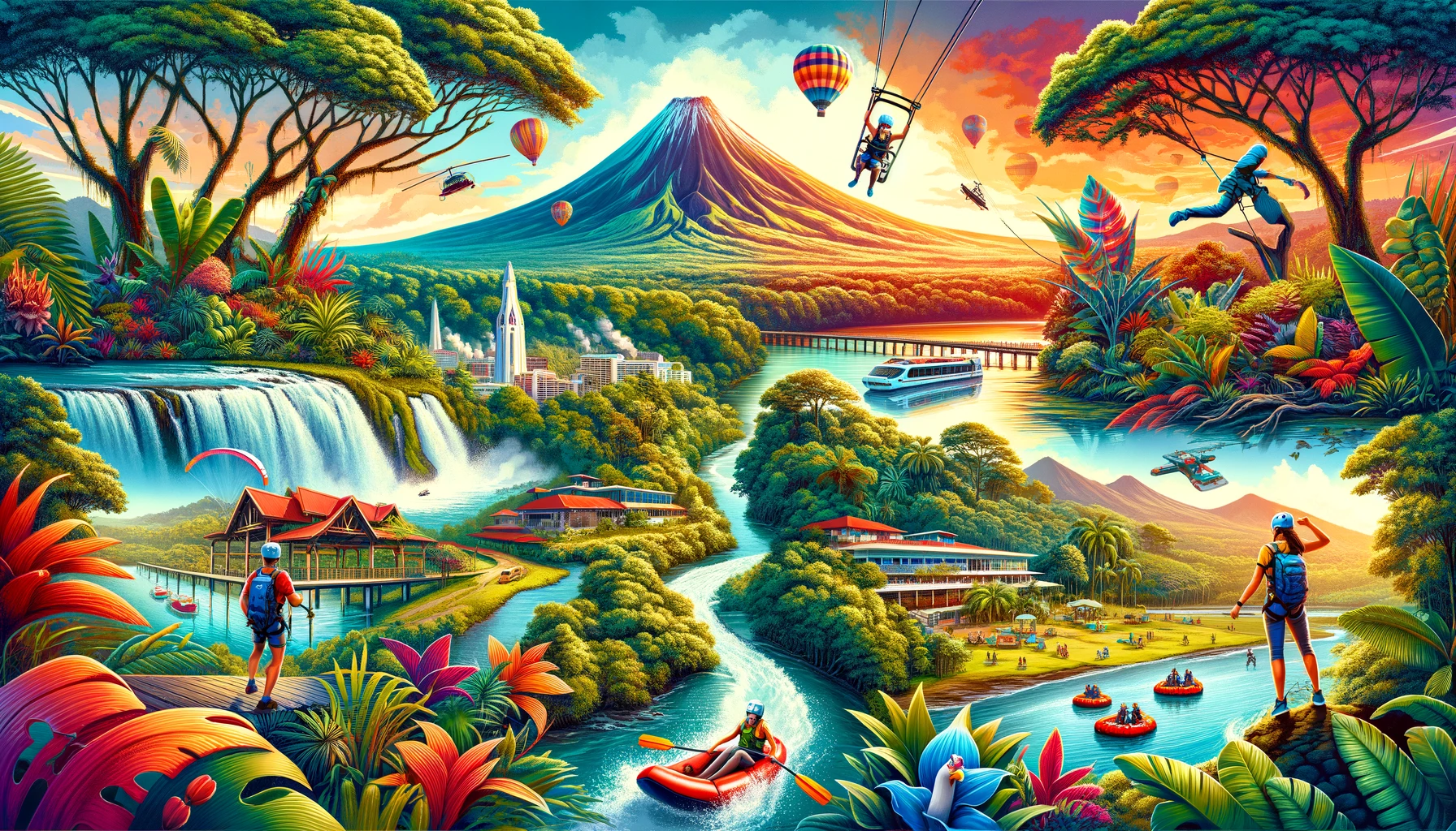 DALL·E 2024-06-02 14.48.18 - A vibrant scene showcasing La Fortuna, Costa Rica, as the adventure capital. The image includes the iconic Arenal Volcano, lush rainforests, and natur